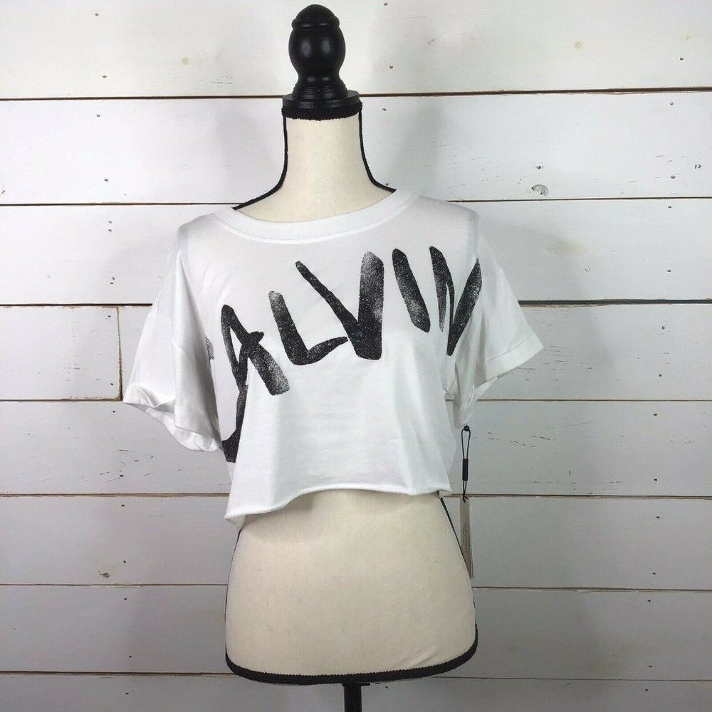 New Calvin Klein Brushed Logo Relaxed Cropped TShirt White Women's Medium